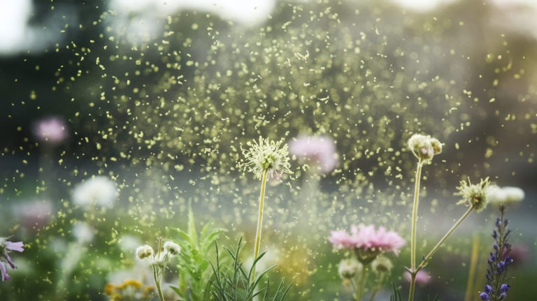 pollen flying in air in flower field, blooming and allergy season